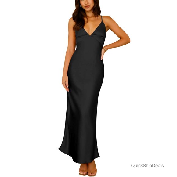 Satin Spaghetti Strap V-Neck Backless Maxi Dress Cocktail Wedding Guest -  coffeafoods.com